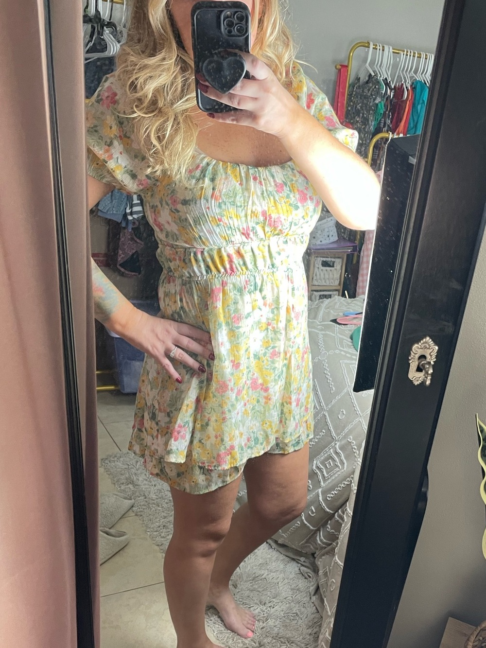 As U Wish Yellow and Green Floral Puff Sleeve Mini Romper
